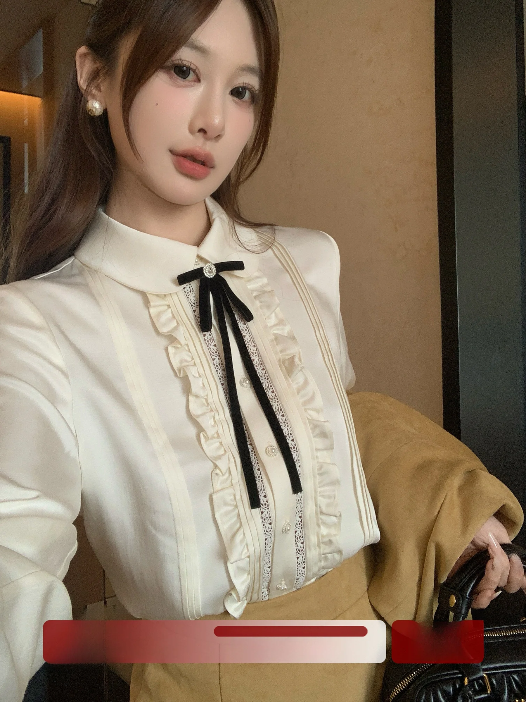 

Ele Summer Home Early Spring Acetate Long Sve Women's irt Knot Ear Musoom Ruffle Court Sle Top