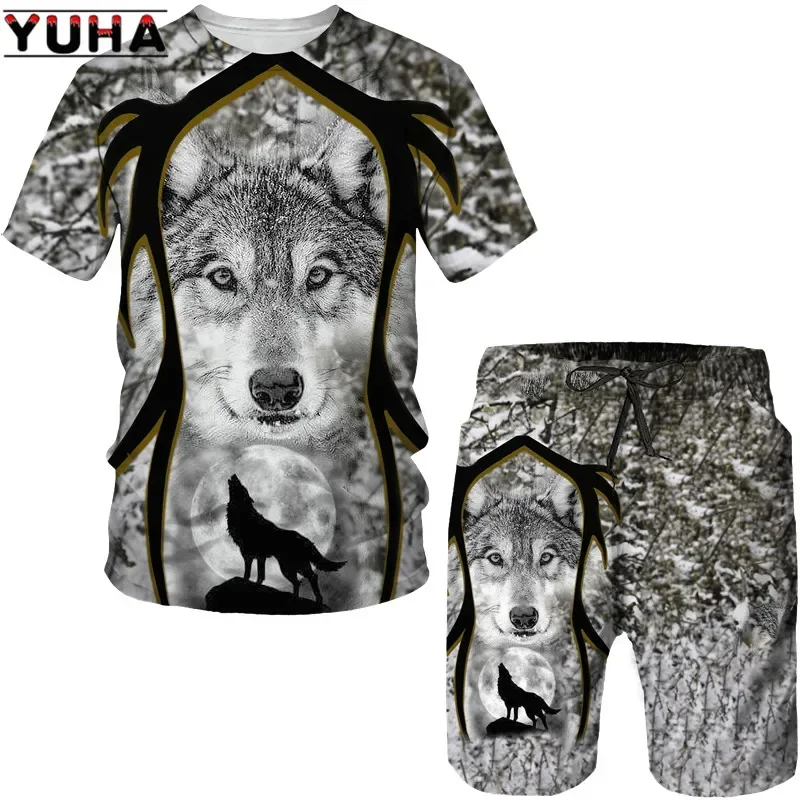 Fashion Summer Wolf 3D Printed Men\'s T-Shirt Shorts Sleeve Tops Unisex Cool Animal Sport O-neck Tracksuit Hip Hop Set Su