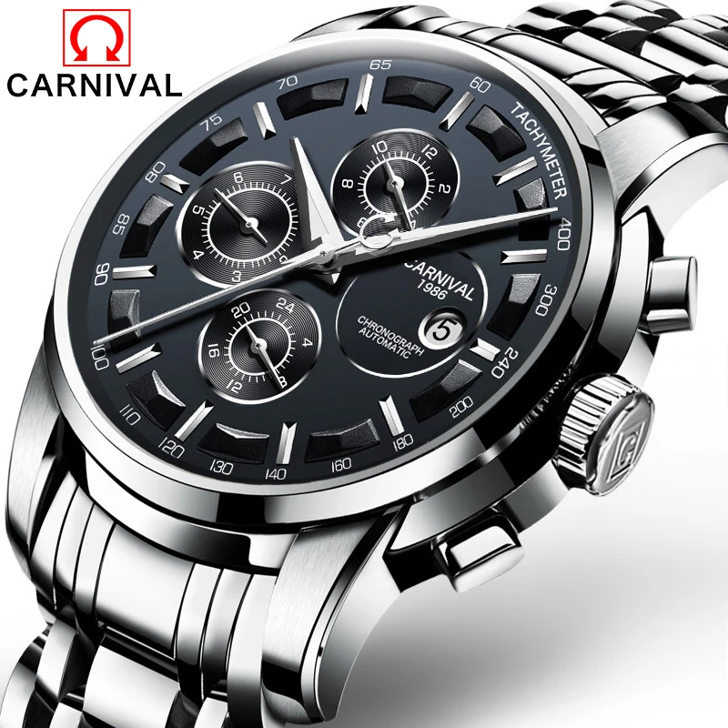 

Switzerland Brand Carnival Mens Sport Skeleton Automatic Wristwatches Stainless Steel Case Chronograph Male Clock Relogio Reloj