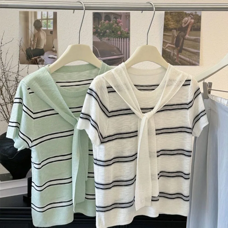 

Summer Fashion Casual Slim O-neck Tee Short Sleeve Knit Tops Women Clothing Striped Shawl Vintage Elegant T-shirt