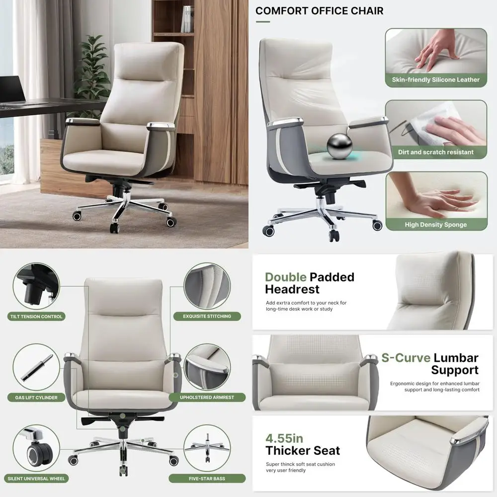 

executive high-back office chair for big and tall, extra wide seat, silicone leather, modern computer desk chair