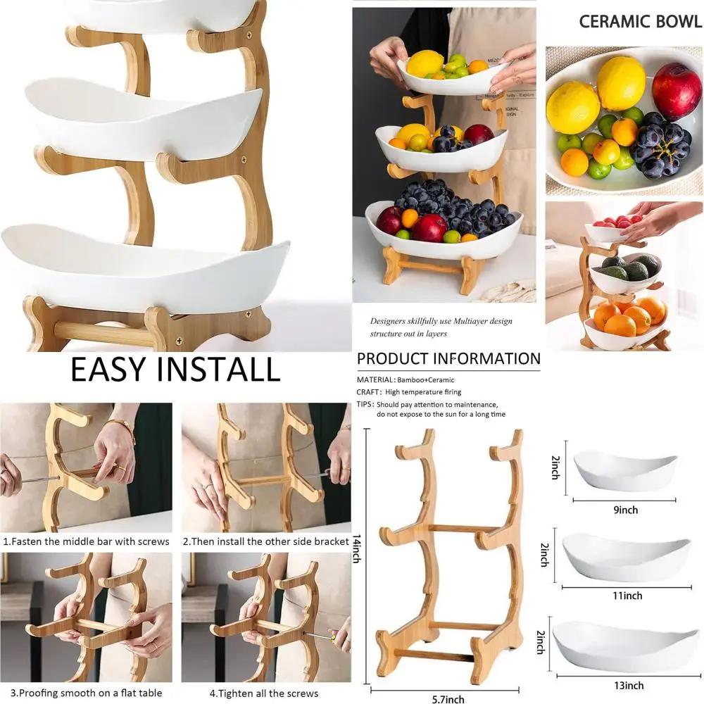 

3-Tier Ceramic Fruit Bowl on Bamboo Stand - White Porcelain Fruit Basket for Kitchen, Parties, and Weddings