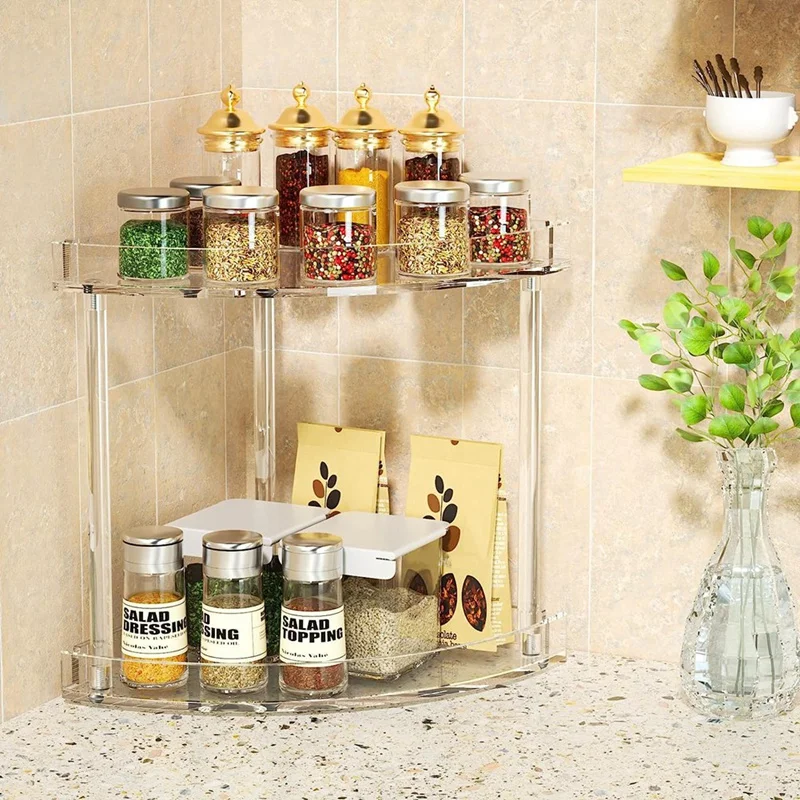 2 Tier Clear Acrylic Bathroom Countertop Corner Organizer Corner Storage Shelf Vanity Trays Storage Rack