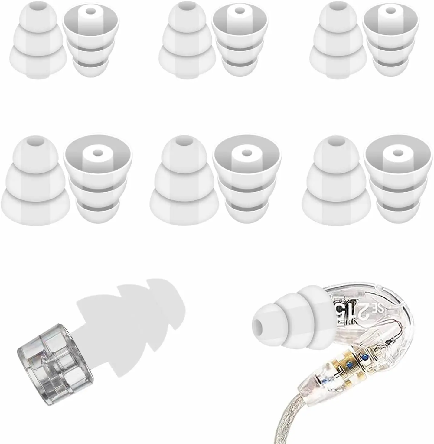 4 Pairs Triple Flange For Shure SE215 Pro Ear Tips, Noise Reduce Silicone with 2mm Connector Hole Earbuds For Etymotic Research