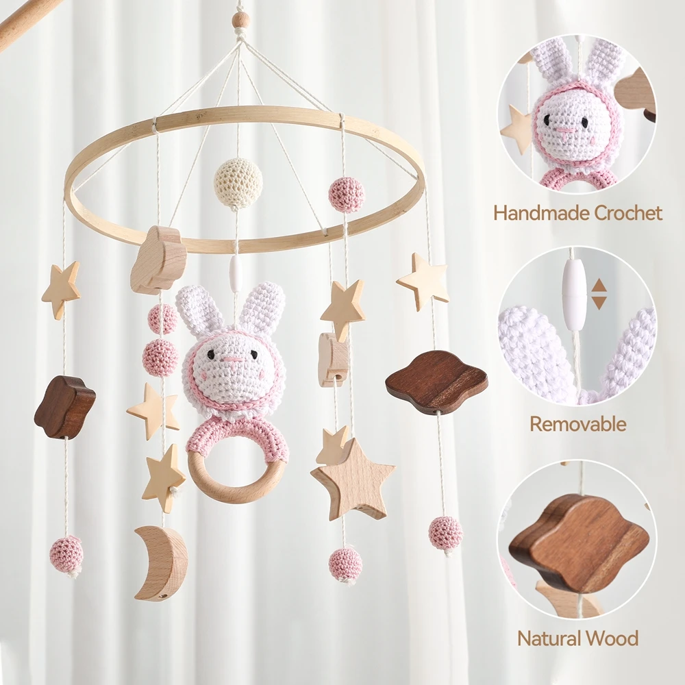 Sonajero de madera móvil para cuna de bebé, campana de juguete para cama, colgante móvil, conejito de ganchillo rosa, caja de música para recién nacido, soporte móvil para cuna, regalo