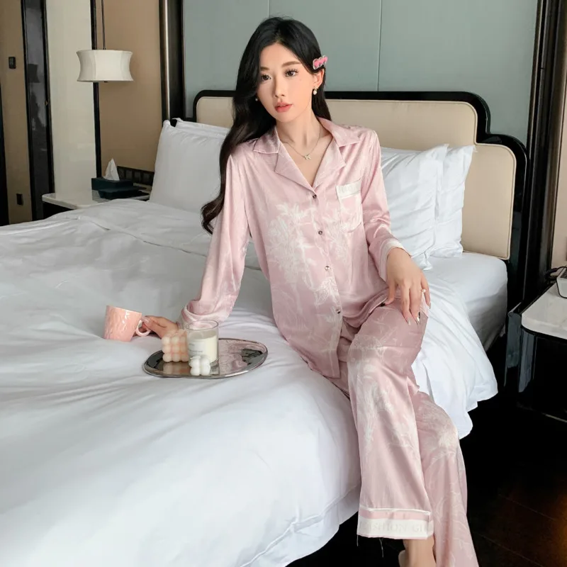 Autumn New Ice Silk Long Sleeve Trousers Pajamas Women Simple Casual Ins Style High-grade Sense Of Literary Home Pyjamas Set