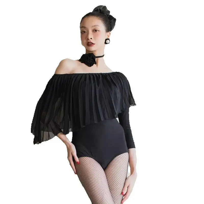 Sexy Off-Shoulder Latin Dance Bodysuit Women Black Ruffled Sleeves Latin Top Adults Ballroom Dance Costume Training Wear SL11760