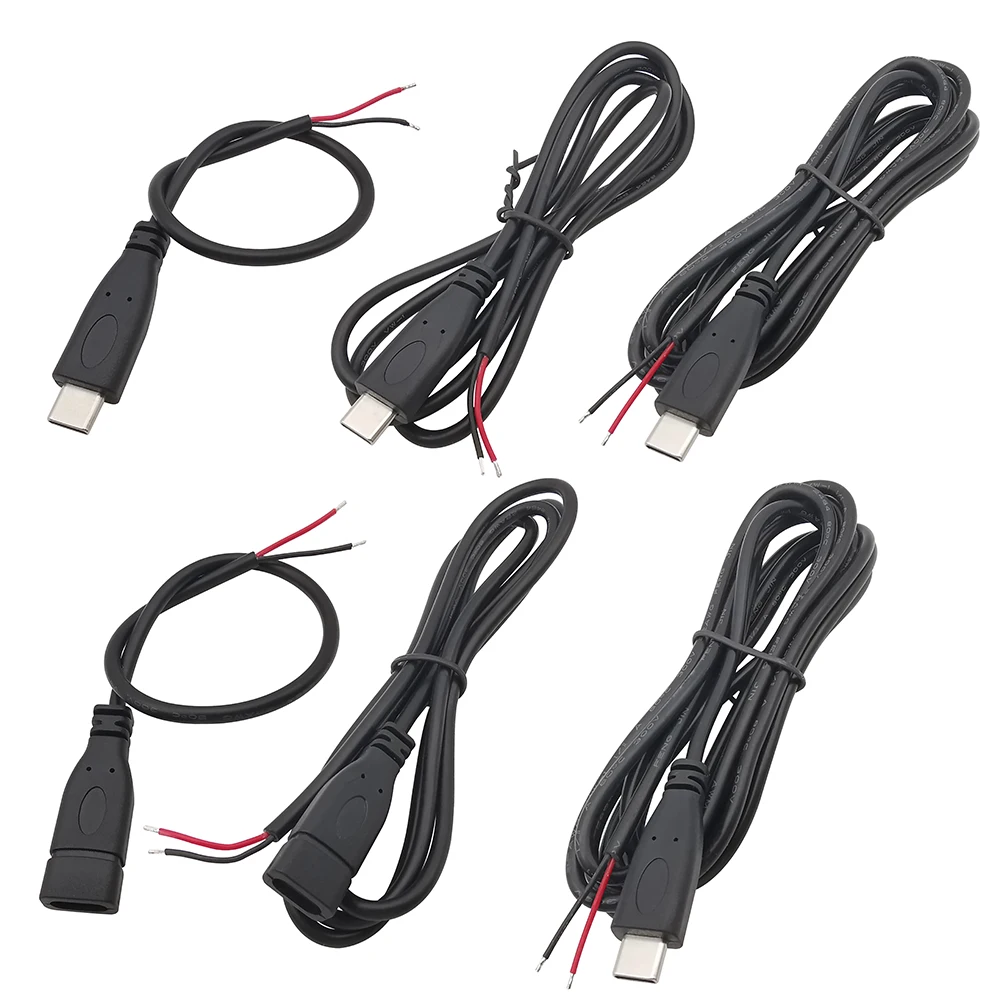 USB Tipo C macho e fêmea Plug Power Supply, carregador conector, 2 pinos, 4 pinos, USB-C DIY cabo de reparo, solda tipo fio, 0.3m, 1m, 2m