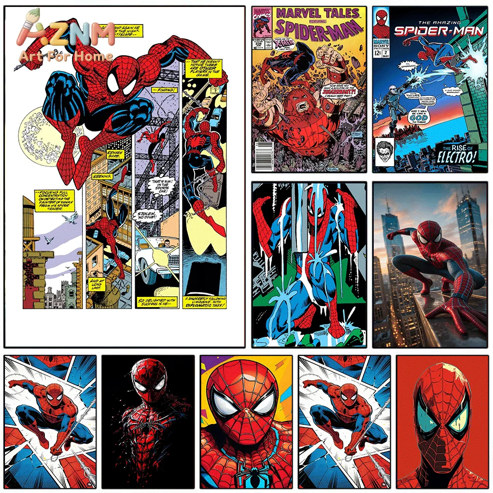 AZNM Spiderman City Swing Comic Panel Canvas Wall Print, Retro Superhero Urban Adventure Art Poster, Unframed Canvas Painting
