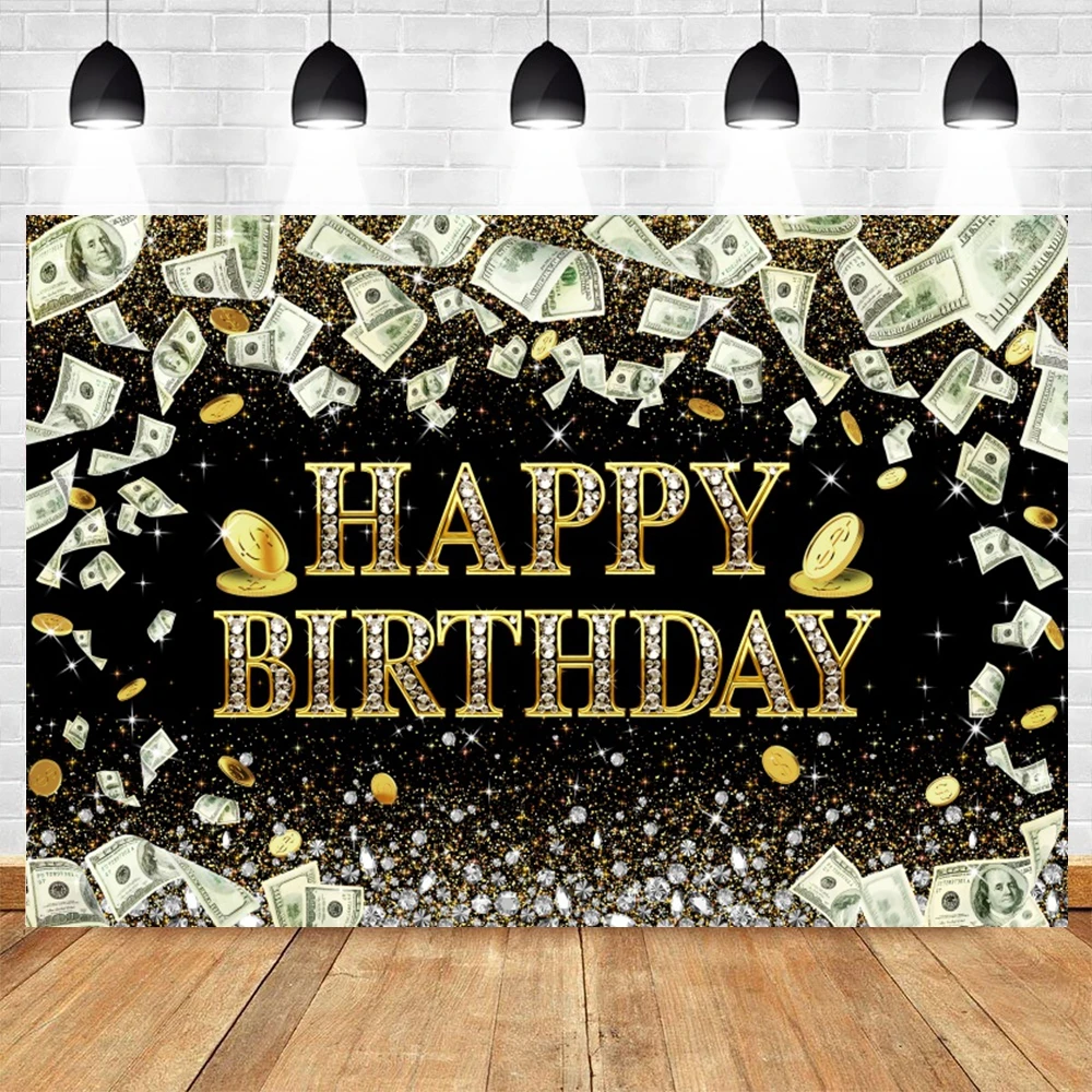 Adult Happy Birthday Party Backdrop for Photography Golden Glitter Balloons Champagne Gifts Birthday Decor Photo Background