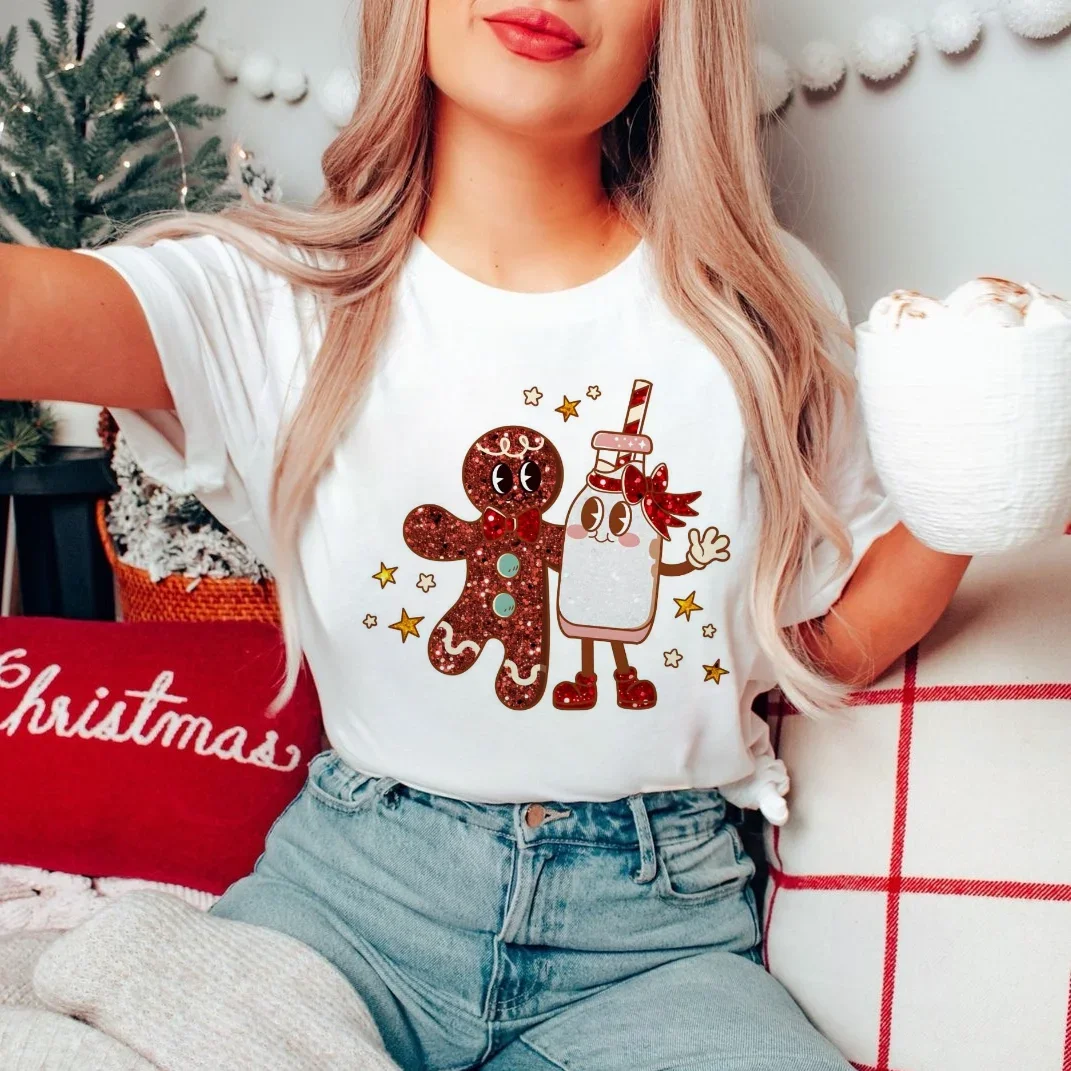 Cute Sparkly Gingerbread Man T-Shirt Christmas Fashion Print O-Neck New Year Women's Top Basic Loose Harajuku Cartoon T-Shirt