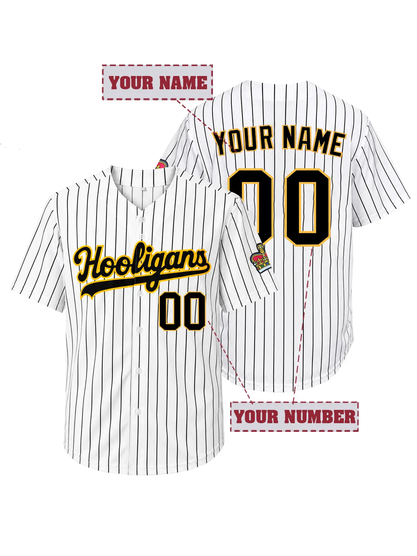 Custom Men Women Hooligans Baseball Jersey Personalized Embroidered Name and Number Pinstripe Button Down Short Sleeve Uniform