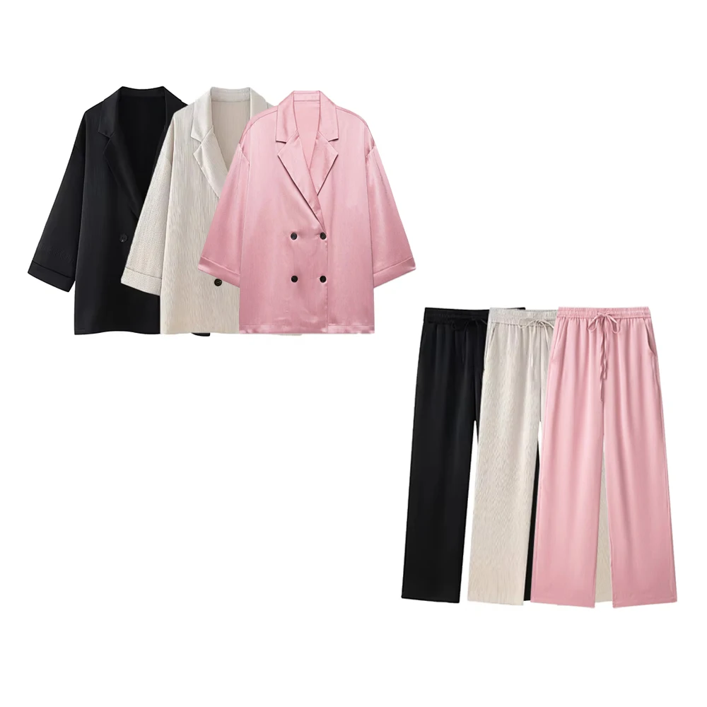 Losse blazerjas met dubbele rij knopen en broek met hoge elastische taille en wijde pijpen, vrouwelijke tweedelige sets, mode - afbeelding 2