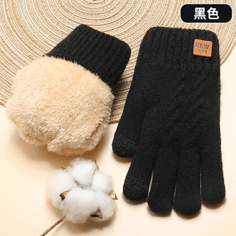 Women Winter Thickened Double Layer Knitted Gloves Wholesale Plus Velvet Cold Proof and Warm Solid Color Touch Screen Gloves