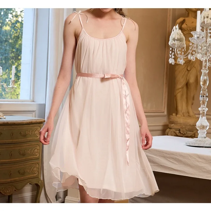

Vintage Court Style Belt Two Wear Suspender Nightgown Modal Mesh Loose Long Dress Princess Loungewear