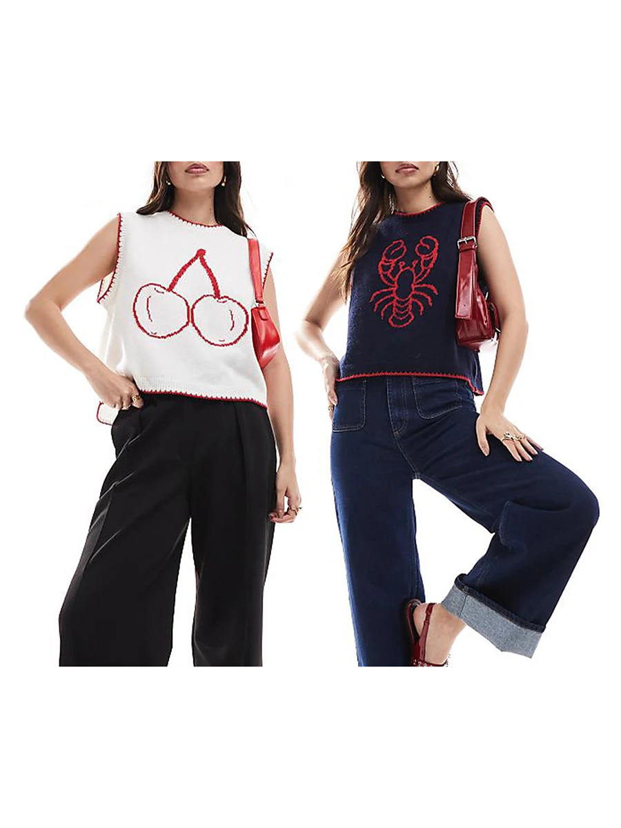 2025 Fashion Women's Ribbed Knit Sweater Vest Y2K Ladies Cherry/Lobster Contrast Color Sleeveless Crew Neck Tank Tops