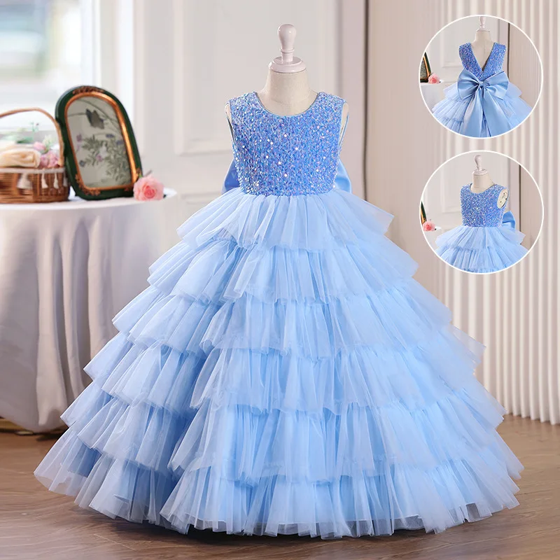 Luxury Dress For Flower Girls Sequins V-Back Big Bow Puffy Birthday Princess Dress Teens Graduation Performance Formal Prom Gown