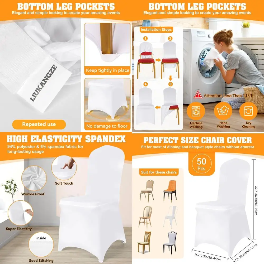 

50 упаковок белых чехлов на стулья из полиэстера и спандекса для свадебной вечеринки — эластичные чехлы для обеда и банкетов