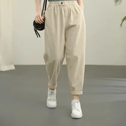 Retro casual pants women's solid color elastic waist Harlan pants nine-point pants