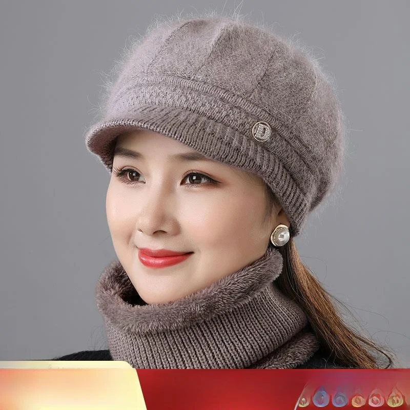 

Warm Fce Lined Knitted Mom Hat for Middle Aged Women Winter Cap ort Brim round Top Wool Blend Yarn Faionable Casual Hat