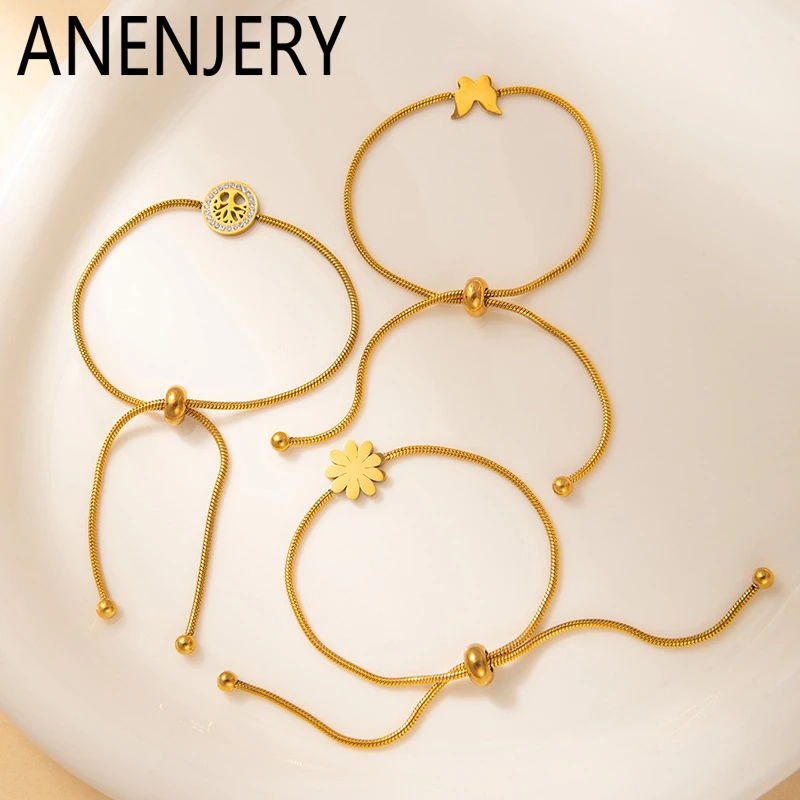 ANENJERY 316L Stainless Steel Butterfly Tree Flower Pull Bracelet for Women Simple Fashion Jewelry Daily Gifts Wholesale