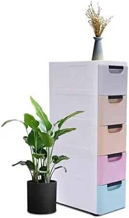 

Narrow Plastic Drawers Dresser with 5 Drawers, 15.75 x 7.87 x 33.07inches Plastic Tower Closet Organizer with Wheels Suitable fo