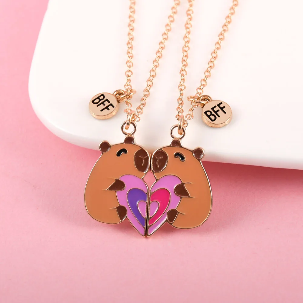 A Girl 2Pcs/set Cartoon Capybara Pendant Heart-shaped Stitching Best Friend Necklace BFF Friendship Jewelry Gifts for Girls