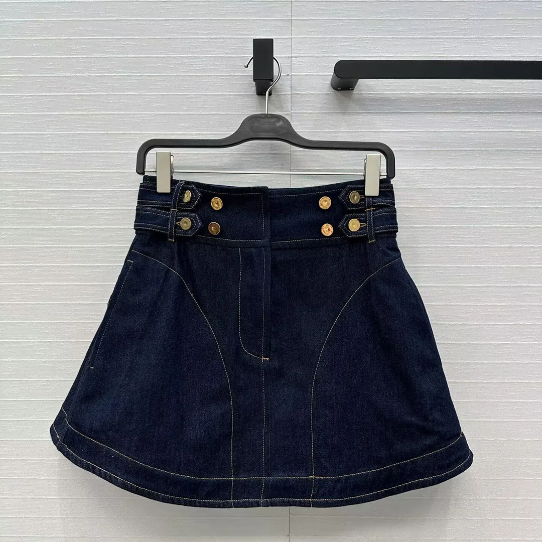 

New Fashion Boho Style A-line Navy Denim Skirts Womens Slim High Waist Gold Buttons Patchwork Ruffles Loose Sweet Mini Skirt