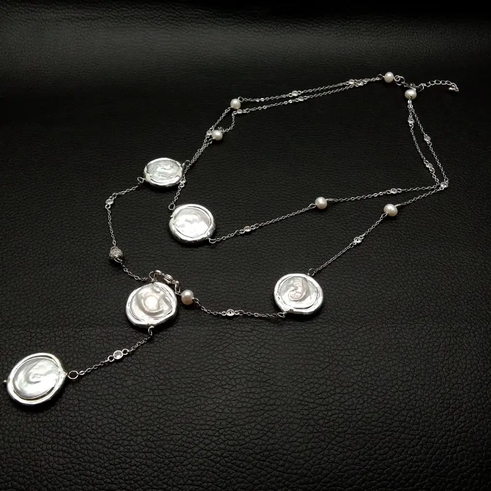 yygem 22mm Cultured White Coin Pearl Gold Plated Edge Rosary Chain Necklace Wedding Party Jewelry
