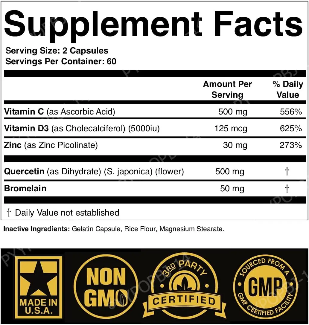 Zinc Quercetin Vitamin C and D3 Capsules with Bromelain for Zinc Absorption, Non-GMO Immune Support, High Potency, 120 Capsules