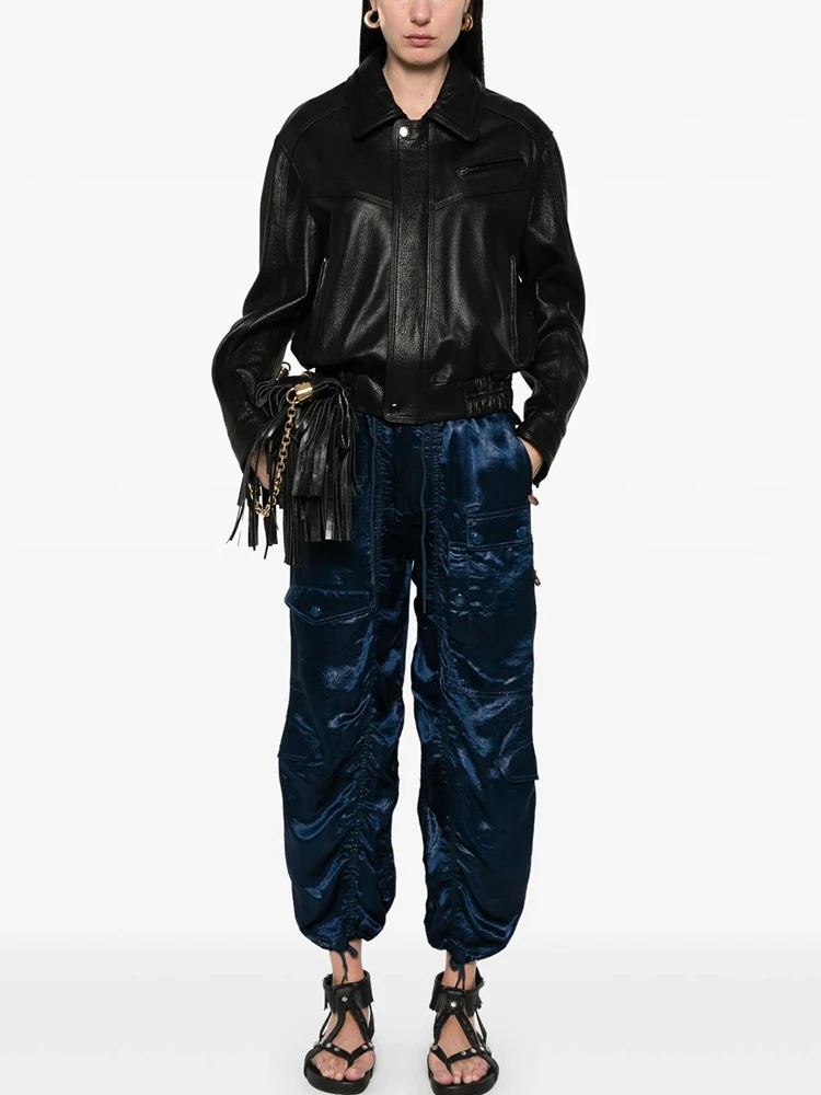 Woman clothing y2k spring and summer acetate color clashing multi-pocket workwear drawstring Woman trousers2025large femme pants