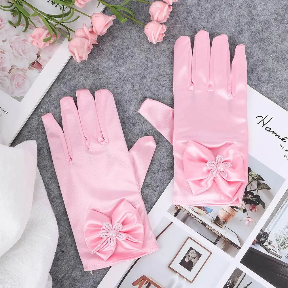 Satins Soft Wedding Children's Party Short Gloves 1pair Dress Gloves Bowknot Gloves Princess Gloves Brief Paragraph Lady Gloves