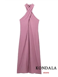 KONDALA Vintage Solid Cameo Halter Backless Women Long Dress Fashion 2023 Summer Sexy Night Party Vestido Holdiay Elegant Dress