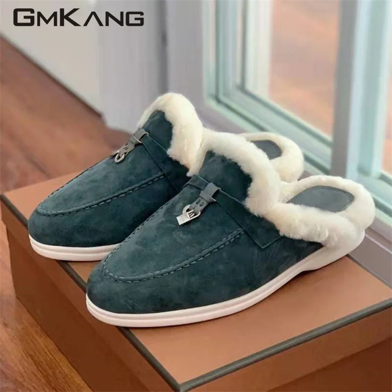 New Kid Suede Slippers Women Metal Lock Pendant Flat Shoes Woman Round Toe Casual Mules Winter Wool Slides Walk Shoes Women