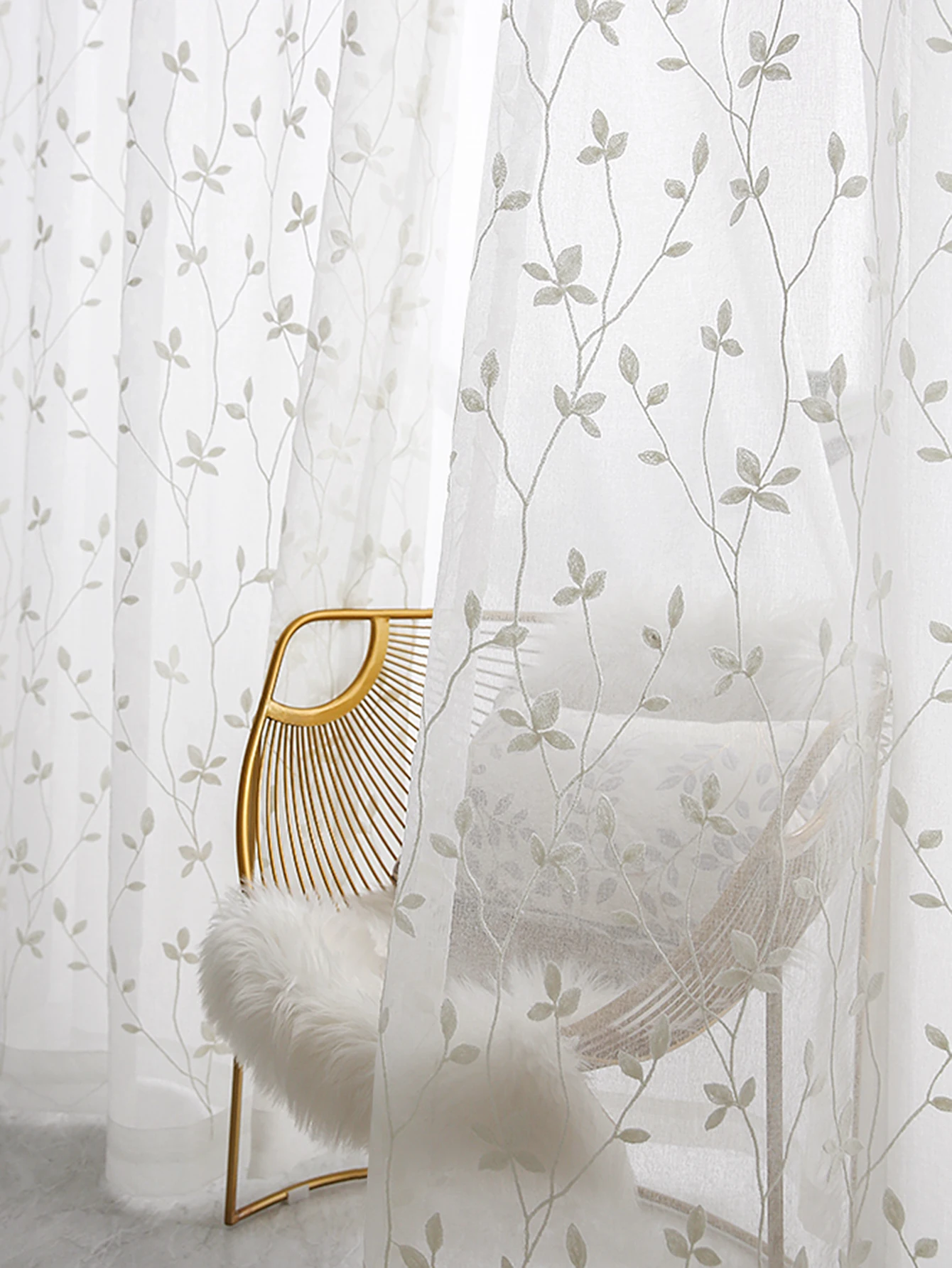 White Polyester Fiber Embroidered Sheer Curtain With Vine & Leaf Pattern For Living Room And Bedroom Window And Door Decoration