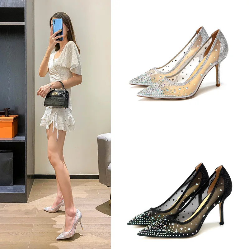 

Mesh Rhinestone Shoes Women's 2026 Summer New Color Diamond Shallow Mouth Pointed Thin Heeled Super High Heeled Women's Shoes