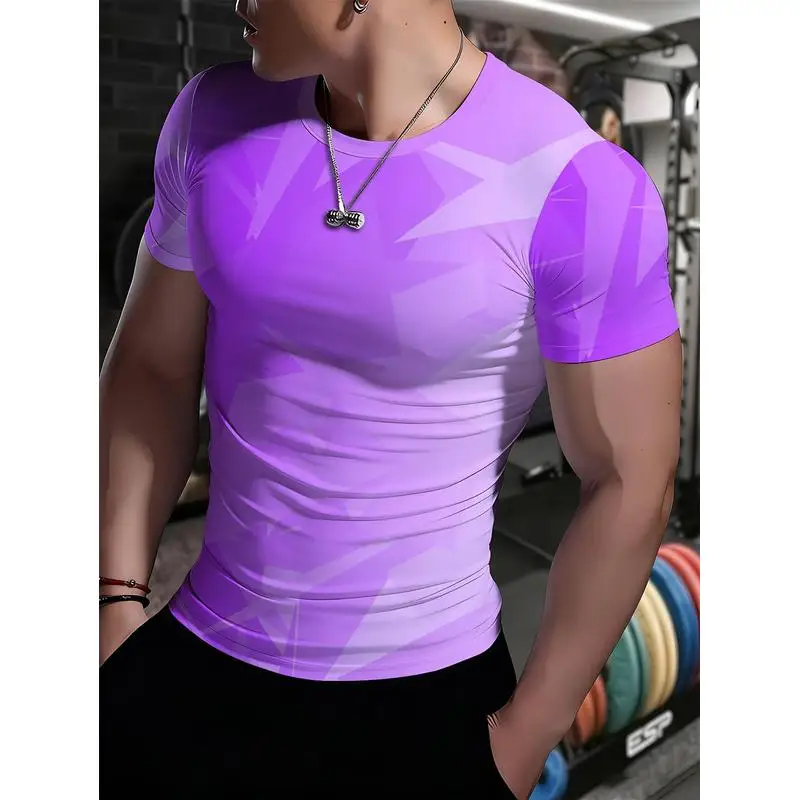 Mens Slim Fit Muscle Defining Training Top Geometric Print Moisture Wicking Quick Dry Short Sleeve Outdoor Weightlifting Fitness