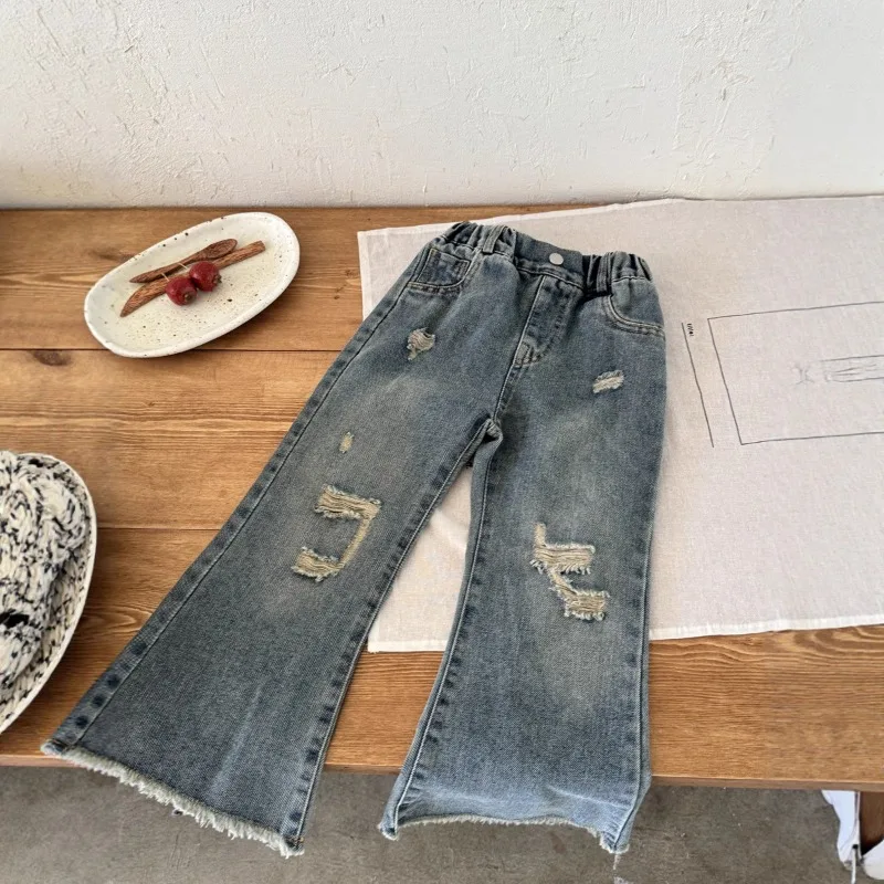 New Korean Style Childrens Clothing Girls Spring and Autumn Ripped Edge Bell Bottom Pants Fish Tail Trousers