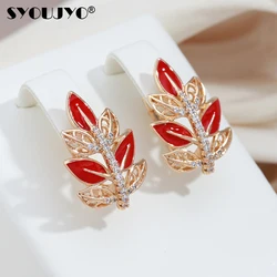 SYOUJYO British Clip Earrings 585 Rose Golden Maple Leaf Design Vintage Red-Painted Leaf Veins with White Zircon Jewelry Gift