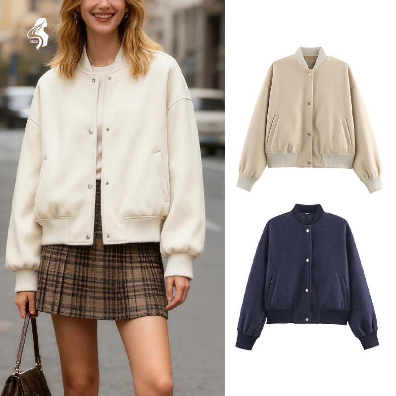 

Womens Baseball Jacket Wool Single Breasted Ribbed Edges Autumn And Winter Loose Short Casual Jacket Woman Clothes Trafizaran