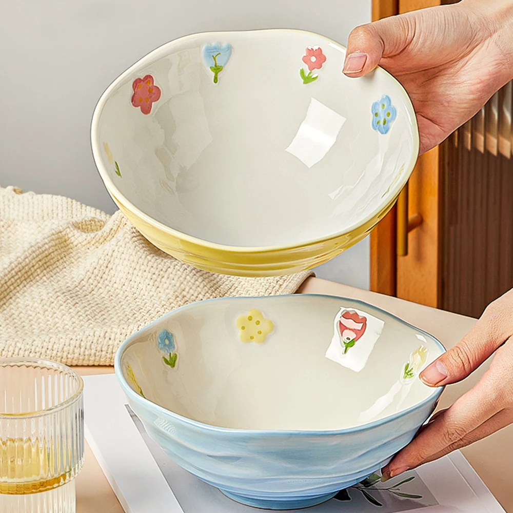 

7-дюймовая керамическая миска с подглазурным цветочным узором, для лапши, домашняя, для рамена, кухонная, прочная, глубокая миска для завтрака и каш