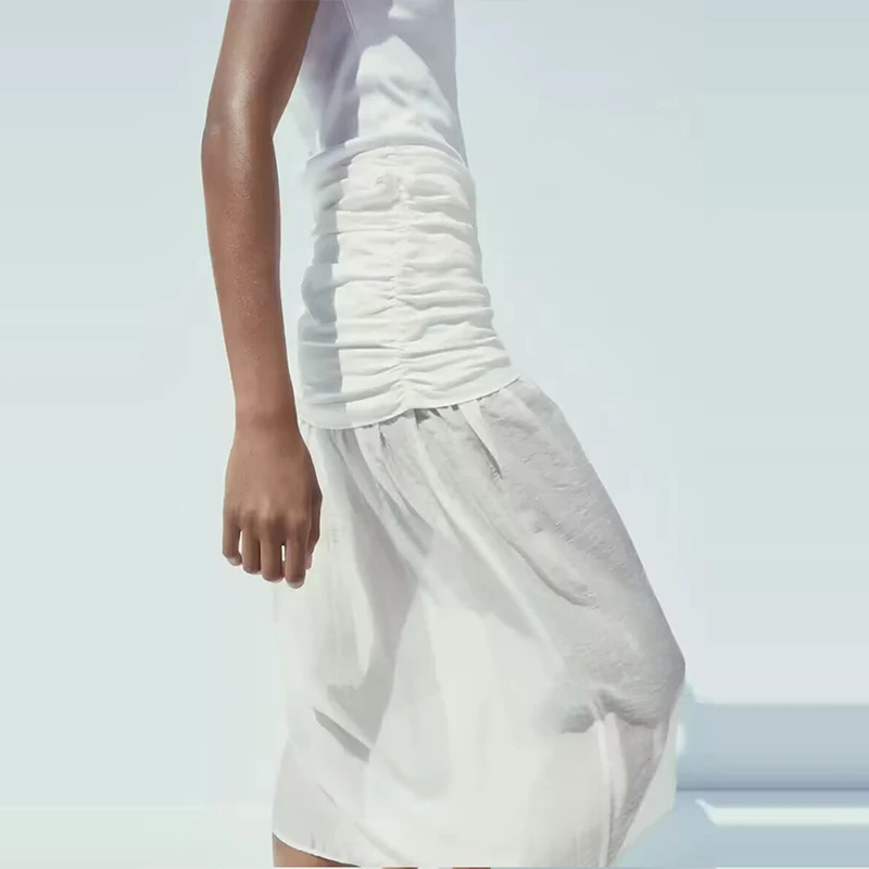 

Faionable Midi Skirt with Decorative Pleats Splicing High Waist Commuter Sle Polyester Fiber A-Line Skirt Simple Design