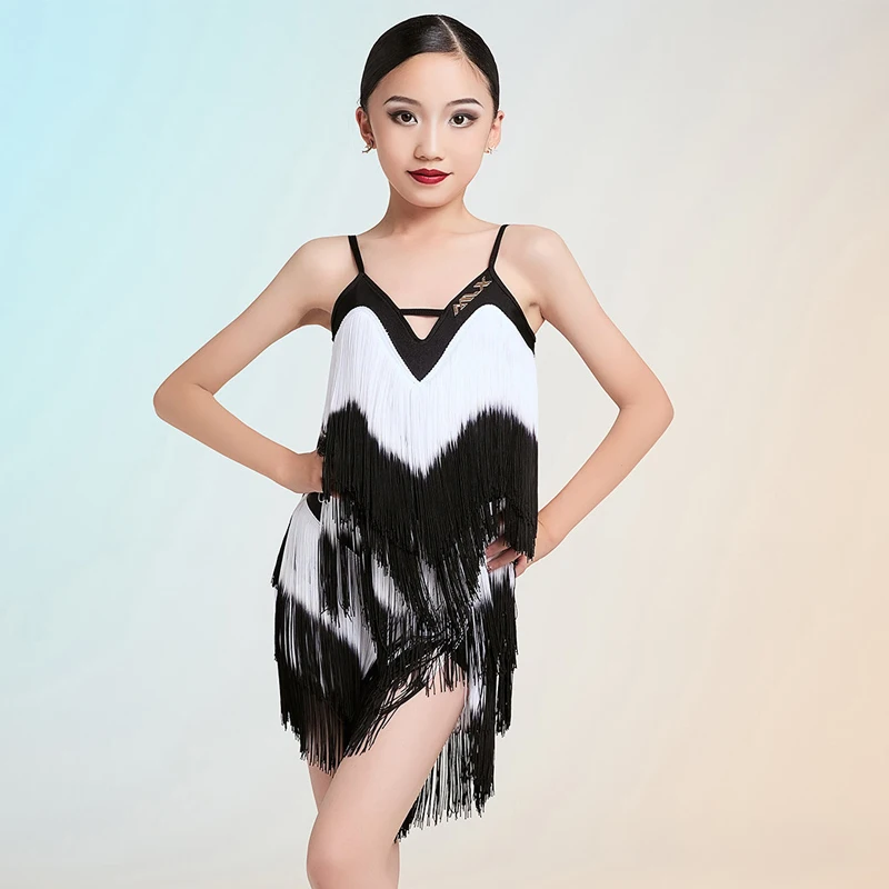 그라데이션 색상 풀 프린지 드레스 소녀 라틴 댄스 전문 드레스 어린이 볼룸 댄스 공연 의상 SL14811