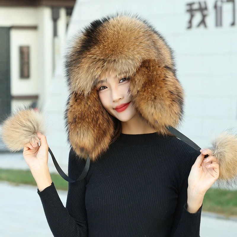 2024 fur Cap 100% Raccoon Hat Full Fur  Fox Hat Women's Fur Ear Protetion Winter Thickened and Warm Russian Caps For Woman Hats