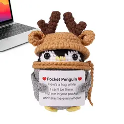 Crochet Positive Penguin Creative Positive Energy Cheering Toy With Encouragement Card Wearing Hat Doll For Family Friends