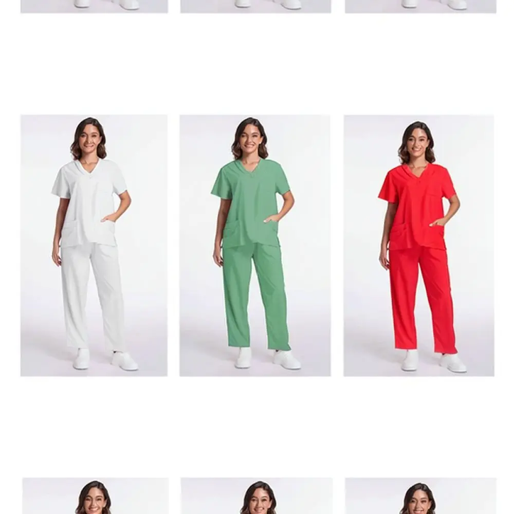 Women Medical Uniform Set Short Sleeve V Neck Scrub Suit Breathable Healthcare Work Clothes For Dental Vet Clinic
