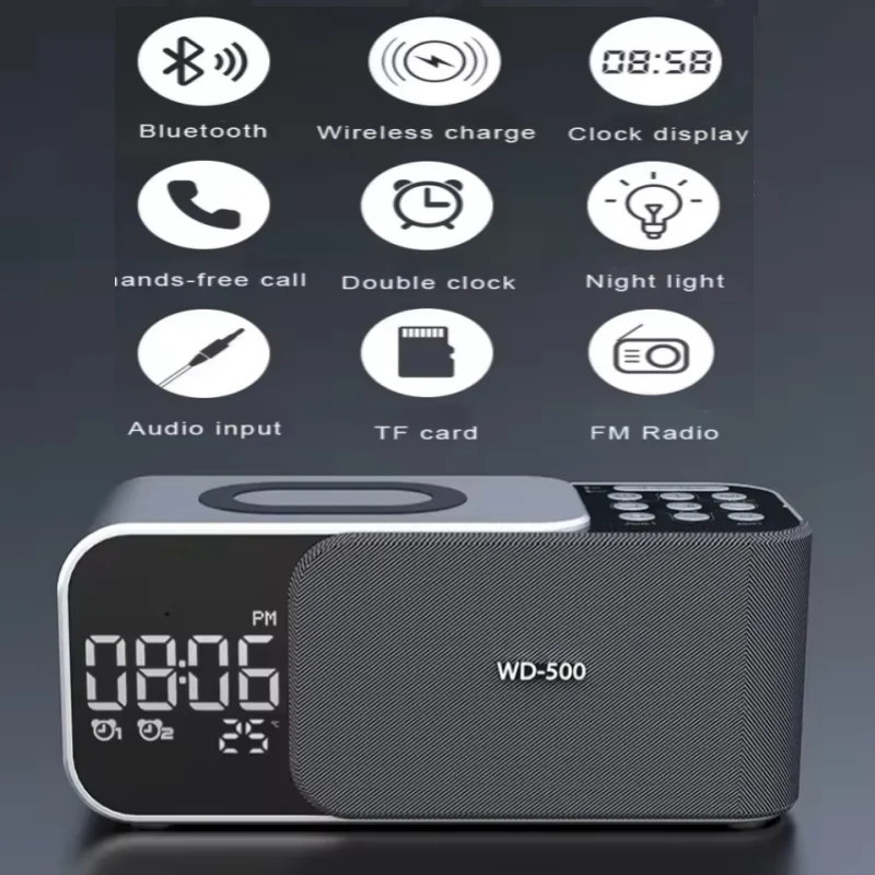 

Музыкальная шкатулка большой громкости с FM-радио Aralm Clock Светодиодная подсветка Беспроводная зарядка Caixa De Som Bluetooth-динамик Портативная звуковая колонка