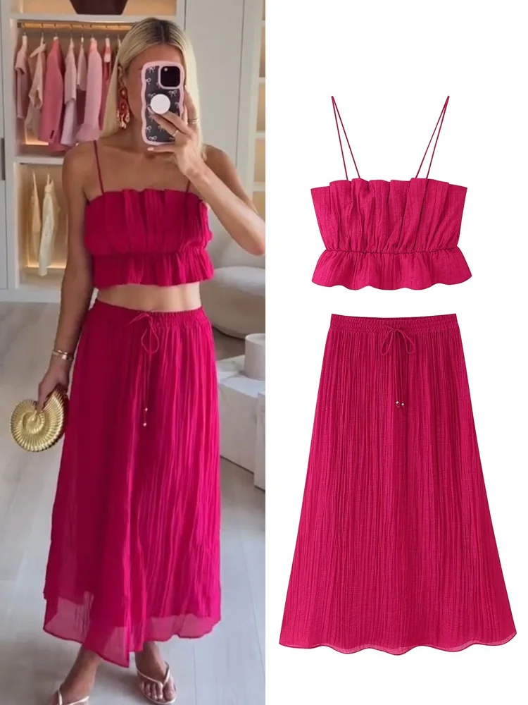 

HH женский летний элегантный плиссированный комплект с открытой спиной и коротким топом без рукавов + юбка-миди на шнуровке с эластичной резинкой на талии и бантом