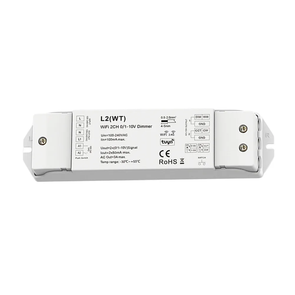 

AC100-240V L2(WT) WiFi + RF + AC push 0/1-10V dimmer 2.4G RF 2 channel Voice Tuya APP controller WiFi-RF converter DIP switch