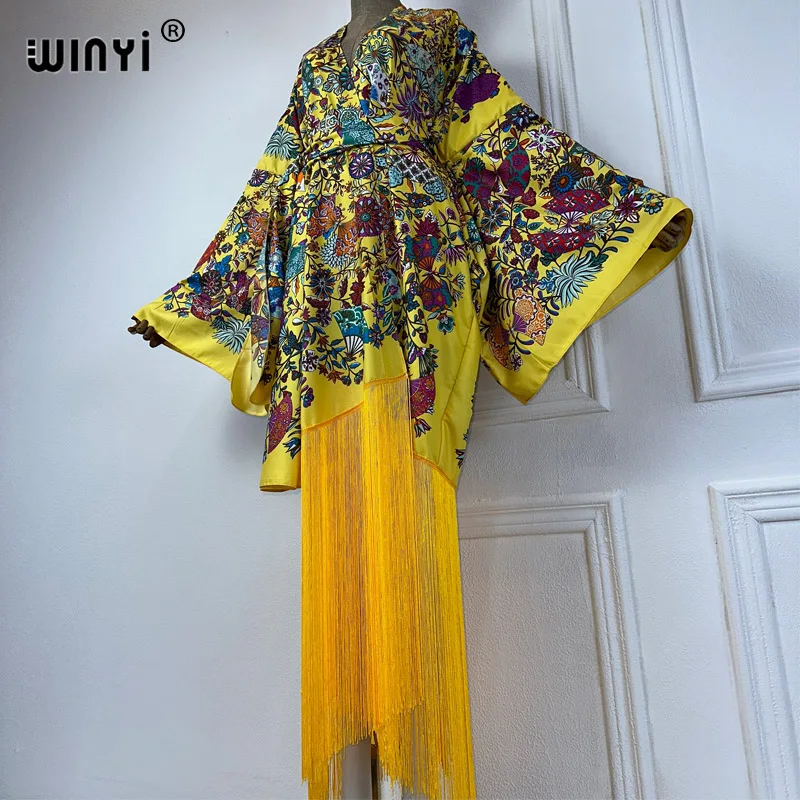 Letnia sukienka w stylu boho WINYI kimono letnia sukienka plażowa artystyczny nadruk osłona do Bikini seksowna wakacyjna sukienka z frędzlami z
